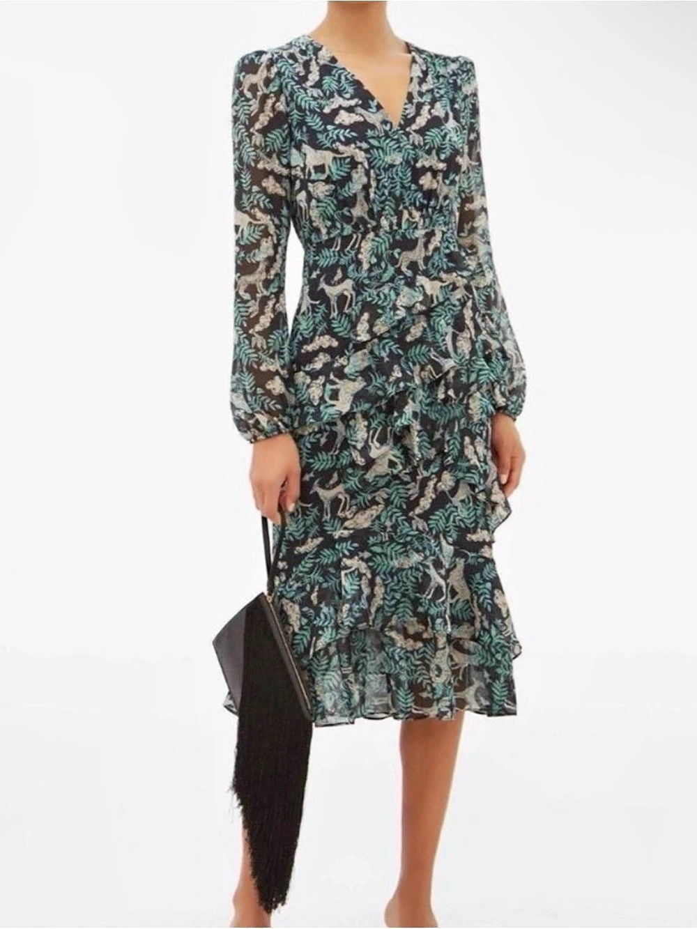 S A L O N I Animal Print Midi Dress in Black & Green Size 2 Like New - Picture 2 of 8